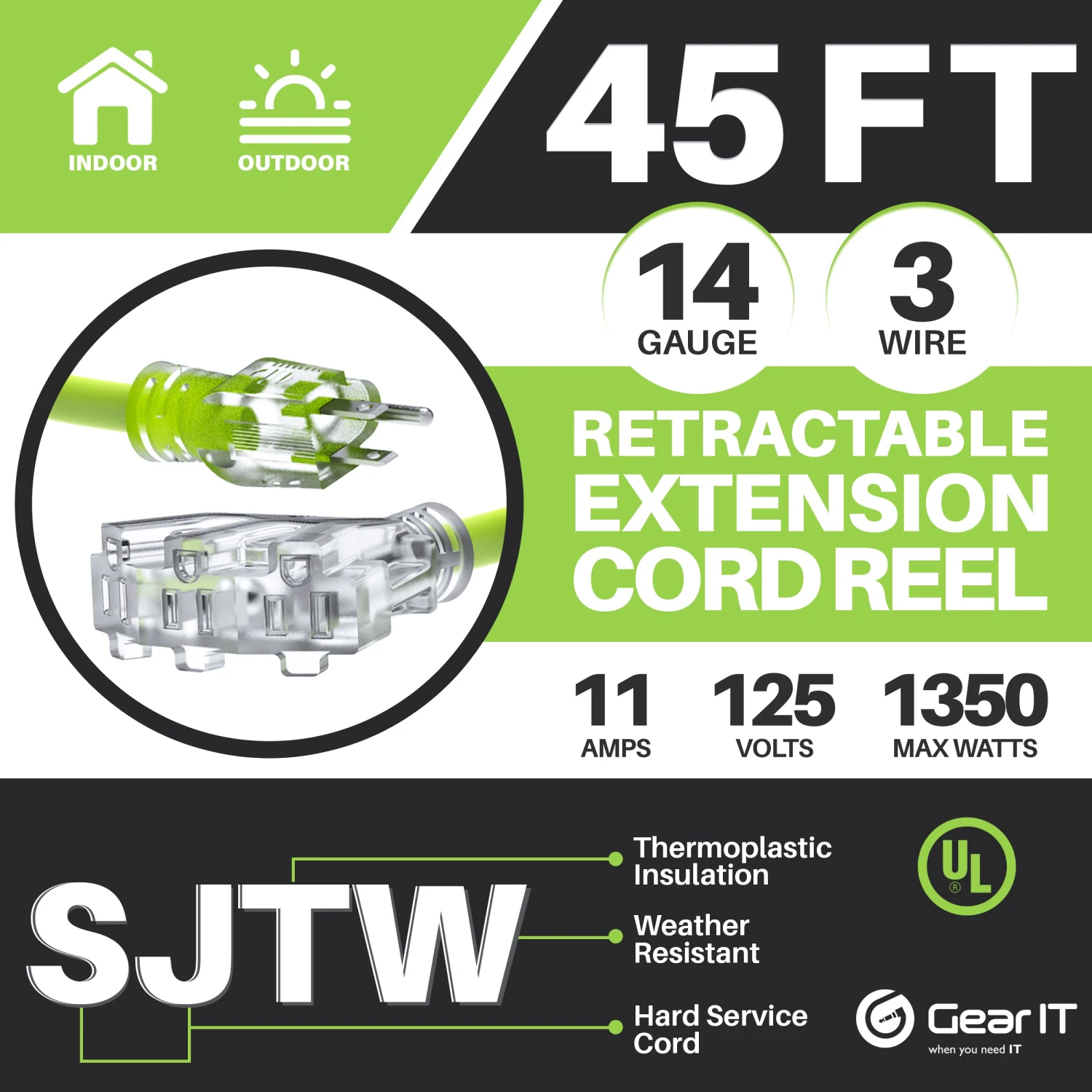14AWG Retractable Cord Reel With Ceiling Mount, 45 Feet(Gearit 14 Awg 11 Amps 45 Feet Retractable Power Extension Cord Reel With Ceiling Mount Ul Listed 3 Outlets) 2 14AWG Retractable Cord Reel With Ceiling Mount, 45 Feet(Gearit 14 Awg 11 Amps 45 Feet Retractable Power Extension Cord Reel With Ceiling Mount Ul Listed 3 Outlets) - Image 2