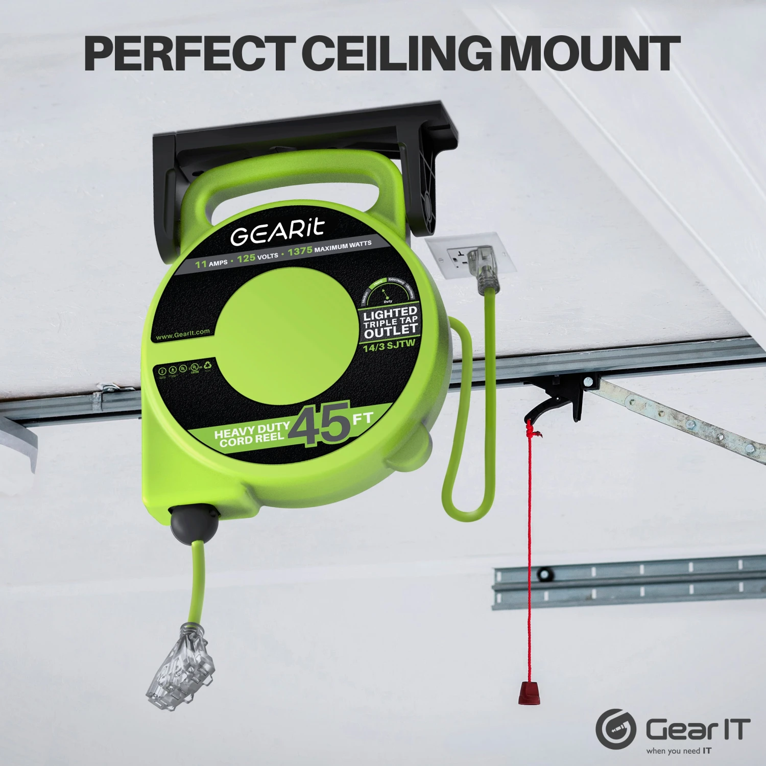 14AWG Retractable Cord Reel With Ceiling Mount, 45 Feet(Gearit 14 Awg 11 Amps 45 Feet Retractable Power Extension Cord Reel With Ceiling Mount Ul Listed 3 Outlets) 6 14AWG Retractable Cord Reel With Ceiling Mount, 45 Feet(Gearit 14 Awg 11 Amps 45 Feet Retractable Power Extension Cord Reel With Ceiling Mount Ul Listed 3 Outlets) - Image 6