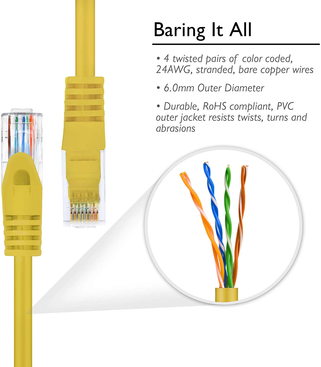 Flexible Soft Boot Cat6 Ethernet Patch Cable, Yellow(Gearit Cat6 Ethernet Patch Cable Premium Flexible Soft Tab Snagless Rj45 Stranded 550mhz Utp Pure Bare Copper Wire 24awg Yellow) 3 Flexible Soft Boot Cat6 Ethernet Patch Cable, Yellow(Gearit Cat6 Ethernet Patch Cable Premium Flexible Soft Tab Snagless Rj45 Stranded 550mhz Utp Pure Bare Copper Wire 24awg Yellow) - Image 3