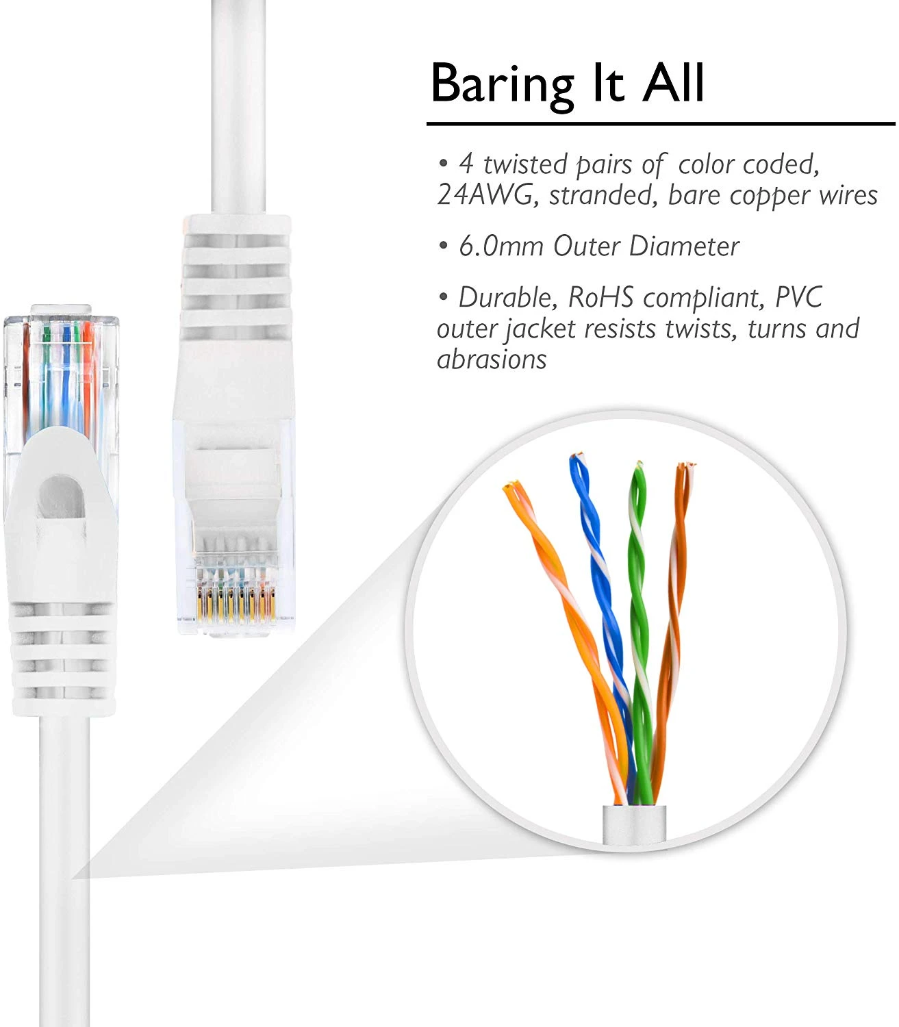 Flexible Soft Boot Cat6 Ethernet Patch Cable, White(Gearit Cat6 Ethernet Patch Cable Premium Flexible Soft Tab Snagless Rj45 Stranded 550mhz Utp Pure Bare Copper Wire 24awg White) 3 Flexible Soft Boot Cat6 Ethernet Patch Cable, White(Gearit Cat6 Ethernet Patch Cable Premium Flexible Soft Tab Snagless Rj45 Stranded 550mhz Utp Pure Bare Copper Wire 24awg White) - Image 3