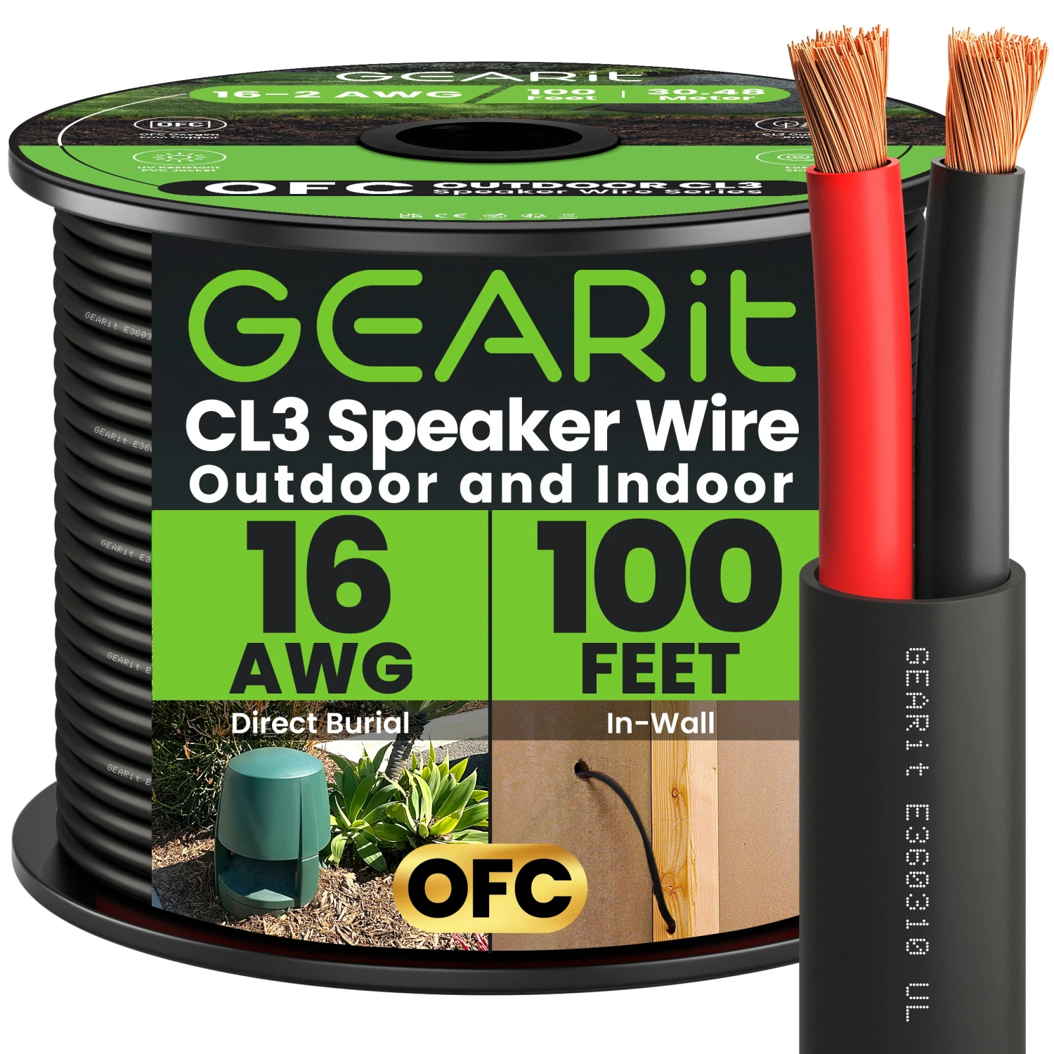 16 AWG Direct Burial Outdoor Speaker Wire - CL3 Rated - Oxygen Free Copper (OFC), Black(Gearit 16 Gauge Outdoor Speaker Wire Cl3 Rated Direct Burial In Wall Ofc Oxygen Free Copper Cable Home Theatre Car Speakers More 16 Awg Pro Series Cl3) 1 16 AWG Direct Burial Outdoor Speaker Wire - CL3 Rated - Oxygen Free Copper (OFC), Black(Gearit 16 Gauge Outdoor Speaker Wire Cl3 Rated Direct Burial In Wall Ofc Oxygen Free Copper Cable Home Theatre Car Speakers More 16 Awg Pro Series Cl3)