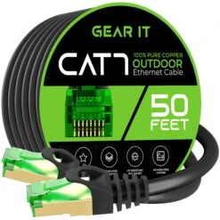 Cat7 Outdoor Ethernet Patch Cable - SFTP Shielded Foil Twisted Pair - Waterproof, Black(Gearit Cat7 Outdoor Ethernet Patch Cable Sftp Shielded Foil Twisted Pair Waterproof Black Red) -GEARit Store Cat7 outdoor 50Ft