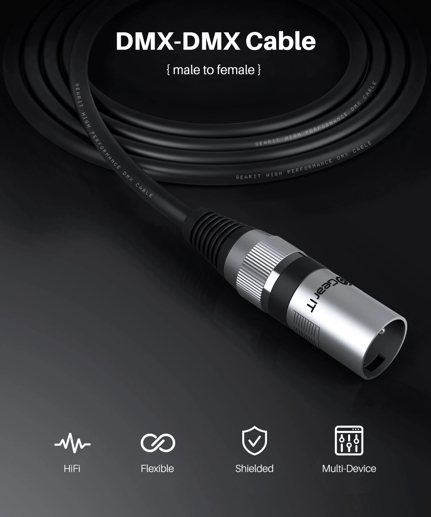 DMX Extension Cable For Stage Lighting 2-Pack, Black(Gearit 2 Pack Dmx Male To Dmx Female Stage Lighting Cable Xlr Compatible Black) 2 DMX Extension Cable For Stage Lighting 2-Pack, Black(Gearit 2 Pack Dmx Male To Dmx Female Stage Lighting Cable Xlr Compatible Black) - Image 2