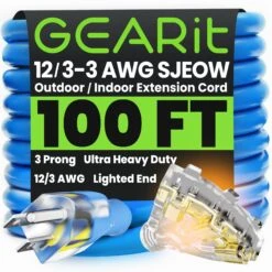 12/3 SJEOW Heavy Duty Outdoor Extension Cord 3 Outlet, 100 Feet(Gearit Extension Cord 100 Feet 12 3 Extra Heavy Duty 3 Triple Outlet Sjeow Extreme Weather Outdoor Indoor 12 Gauge 3 Prong Led Lighted Plug Oil Resistant Rubber Jacket)