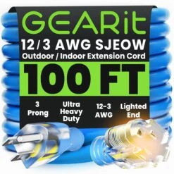 12/3 SJEOW Heavy Duty Outdoor Extension Cord, 100 Feet(Gearit Extension Cord 100 Feet 12 3 Extra Heavy Duty Sjeow Extreme Weather Outdoor Indoor 12 Gauge 3 Prong Led Lighted Plug Oil Resistant Rubber Jacket)