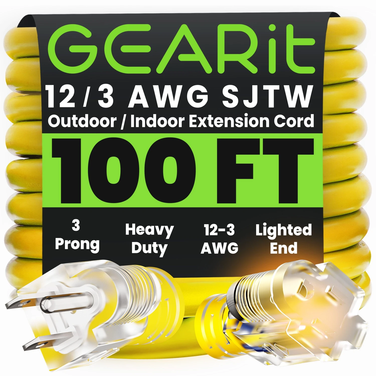 12/3 SJTW Outdoor Extension Cord Yellow, 100 Feet(Gearit Extension Cord 12 3 100 Feet Extra Heavy Duty Sjtw With Lighted End For Outdoor Indoor All Purpose Weather Resistant 12 Gauge 3 Prong Extension Great For Contractor Garden And Appliances) 1 12/3 SJTW Outdoor Extension Cord Yellow, 100 Feet(Gearit Extension Cord 12 3 100 Feet Extra Heavy Duty Sjtw With Lighted End For Outdoor Indoor All Purpose Weather Resistant 12 Gauge 3 Prong Extension Great For Contractor Garden And Appliances)