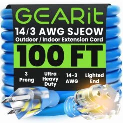 14/3 Outdoor Extension Cord 100 Feet - SJEOW - Extreme Weather Resistant - 14 Gauge 3 Prong, Blue(Gearit Extension Cord 100 Feet 14 3 Heavy Duty Sjeow Extreme Weather Outdoor Indoor 14 Gauge 3 Prong Led Lighted Plug Oil Resistant Rubber Jacket)
