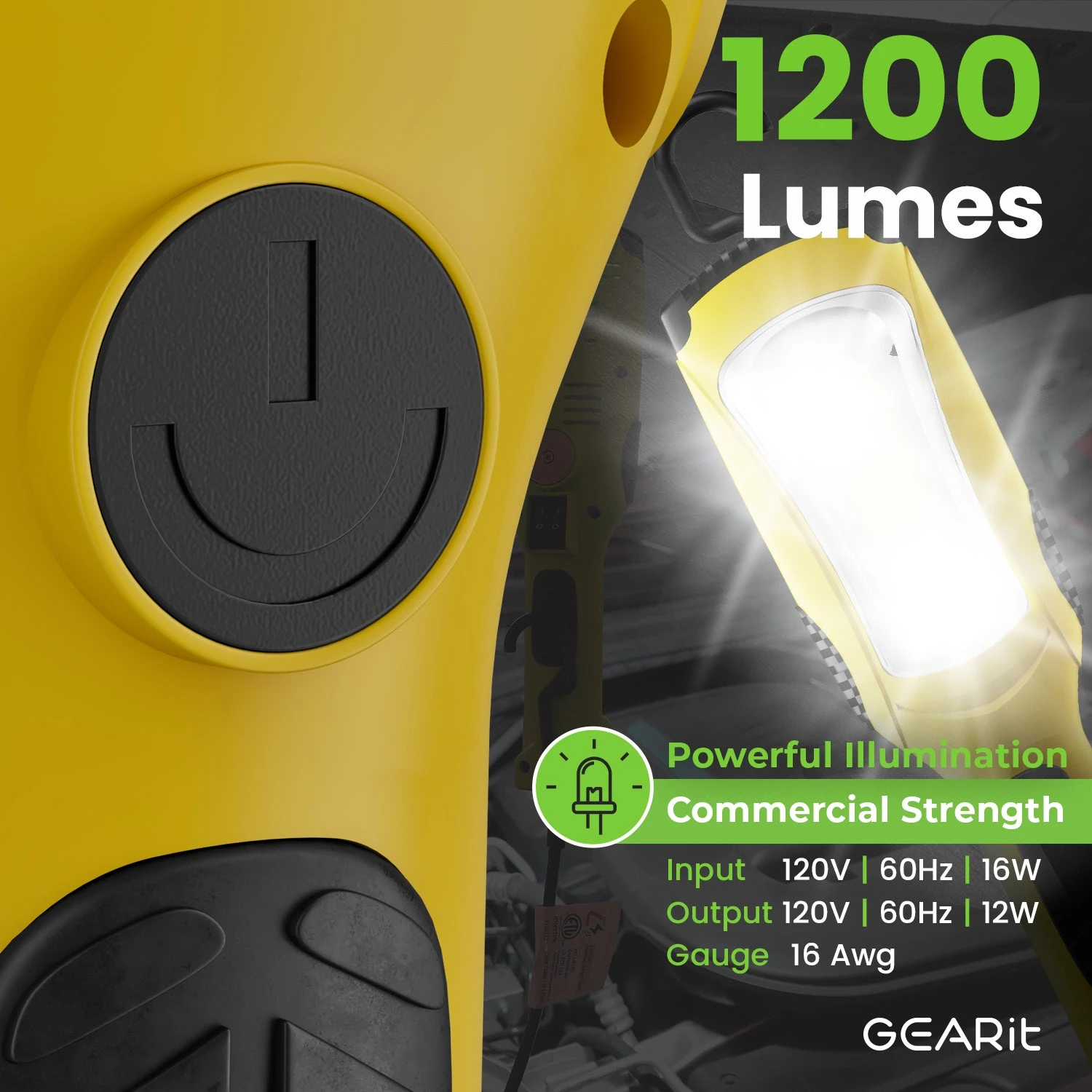 1200 Lumen COB LED Work Light With Long Extension Cable, Yellow(Gearit Led Cob Work Light 1200 Lumen Extra Long 16 Gauge Sjtw Indoor Outdoor Extension Cable) 3 1200 Lumen COB LED Work Light With Long Extension Cable, Yellow(Gearit Led Cob Work Light 1200 Lumen Extra Long 16 Gauge Sjtw Indoor Outdoor Extension Cable) - Image 3