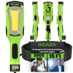 COB LED Work Light With Long Extension Cable, Green(Gearit Led Cob Work Light 2000 Lumen 15ft Extra Long 16 Gauge Sjtw Indoor Outdoor Extension Cable Green) -GEARit Store GI COB 3000LM CORD 15FT