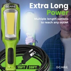 COB LED Work Light With Long Extension Cable, Green(Gearit Led Cob Work Light 2000 Lumen 15ft Extra Long 16 Gauge Sjtw Indoor Outdoor Extension Cable Green) -GEARit Store GI COB 3000LM CORD FT GN 6