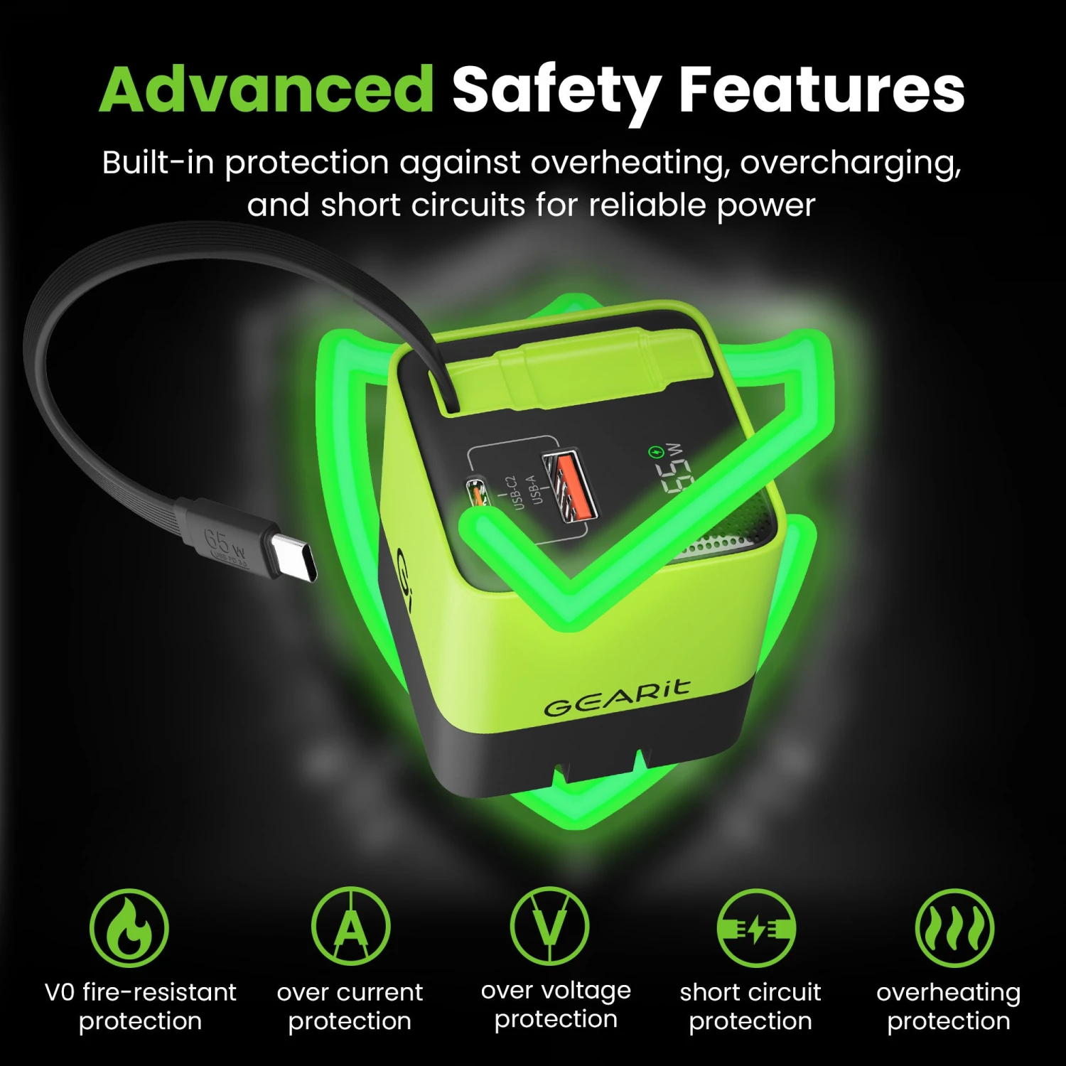 GEARit Lifestyle Series - 65W USB C GaN Charger 2 Port And Built-in Retractable USB C Cable(Gearit Lifestyle Series 65w Usb C Gan Charger 3 Port) 6 GEARit Lifestyle Series - 65W USB C GaN Charger 2 Port And Built-in Retractable USB C Cable(Gearit Lifestyle Series 65w Usb C Gan Charger 3 Port) - Image 6