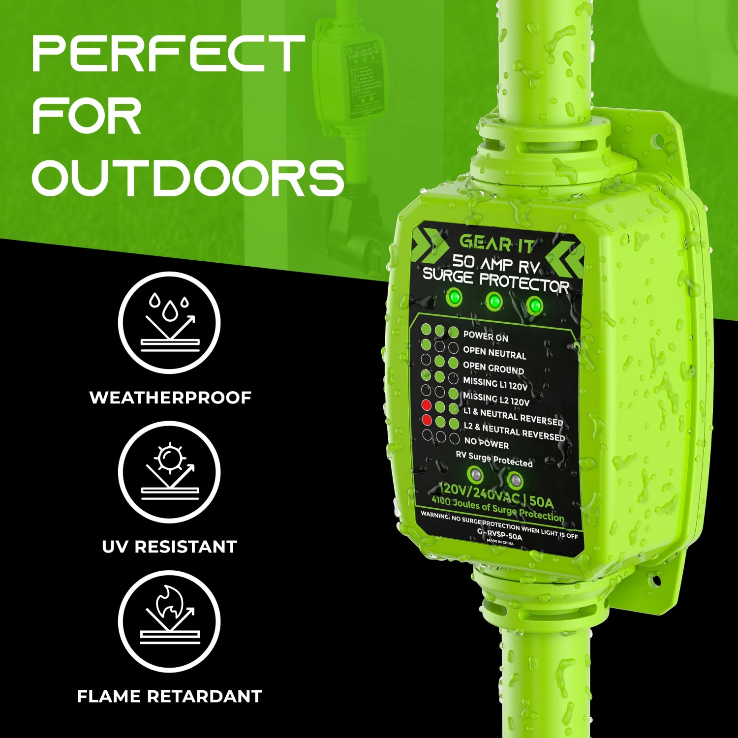 50 Amp Heavy Duty Weather Resistant RV Surge Protector, Green(Gearit Rv Surge Protector 50 Amp Circuit Analyzer Voltage Protector Monitor With Surge Protection 4100 Joules Weather Resistant 50a Extension Plug For Rv Trailer Travel Outdoor Camper) 4 50 Amp Heavy Duty Weather Resistant RV Surge Protector, Green(Gearit Rv Surge Protector 50 Amp Circuit Analyzer Voltage Protector Monitor With Surge Protection 4100 Joules Weather Resistant 50a Extension Plug For Rv Trailer Travel Outdoor Camper) - Image 4