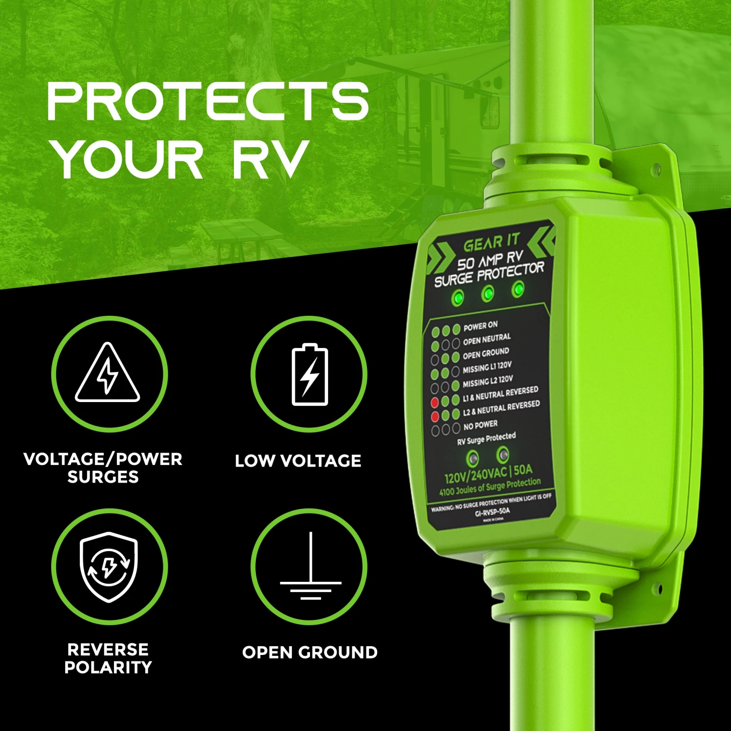 50 Amp Heavy Duty Weather Resistant RV Surge Protector, Green(Gearit Rv Surge Protector 50 Amp Circuit Analyzer Voltage Protector Monitor With Surge Protection 4100 Joules Weather Resistant 50a Extension Plug For Rv Trailer Travel Outdoor Camper) 3 50 Amp Heavy Duty Weather Resistant RV Surge Protector, Green(Gearit Rv Surge Protector 50 Amp Circuit Analyzer Voltage Protector Monitor With Surge Protection 4100 Joules Weather Resistant 50a Extension Plug For Rv Trailer Travel Outdoor Camper) - Image 3