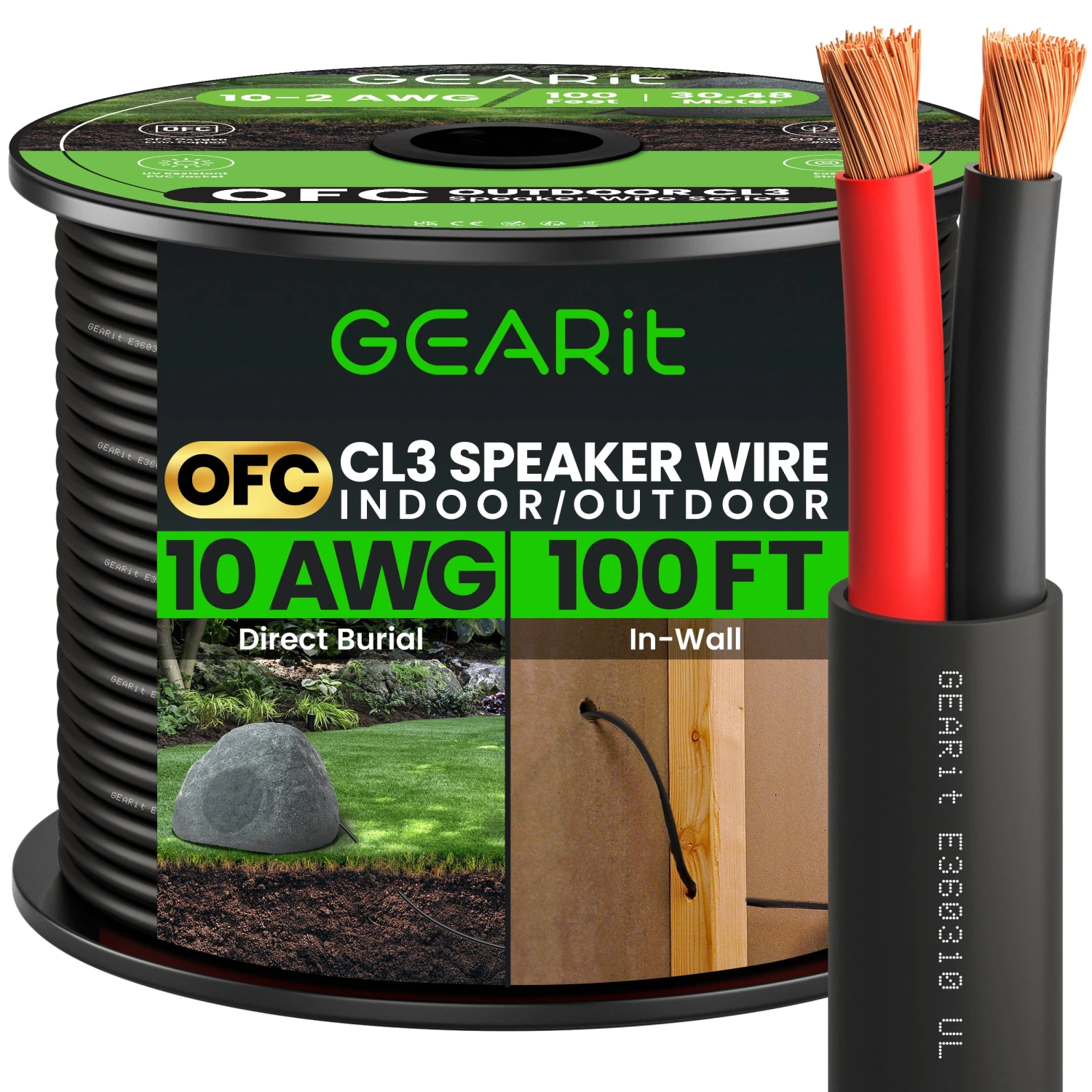 10 AWG Direct Burial Outdoor Speaker Wire - CL3 Rated - Oxygen Free Copper (OFC), Black(Gearit 10 Awg Direct Burial Outdoor Speaker Wire Cl3 Rated Oxygen Free Copper Ofc Black) 2 10 AWG Direct Burial Outdoor Speaker Wire - CL3 Rated - Oxygen Free Copper (OFC), Black(Gearit 10 Awg Direct Burial Outdoor Speaker Wire Cl3 Rated Oxygen Free Copper Ofc Black) - Image 2
