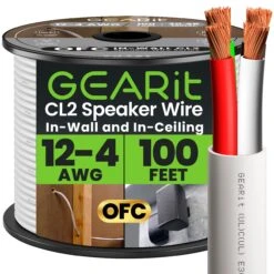 12 AWG In Wall Speaker Wire 4-Conductor Bi-Wire Cables - CL2 Rated - Oxygen Free Copper (OFC), White(Gearit 12 Awg In Wall Speaker Wire 4 Conductor Bi Wire Cables Cl2 Rated Oxygen Free Copper Ofc White)