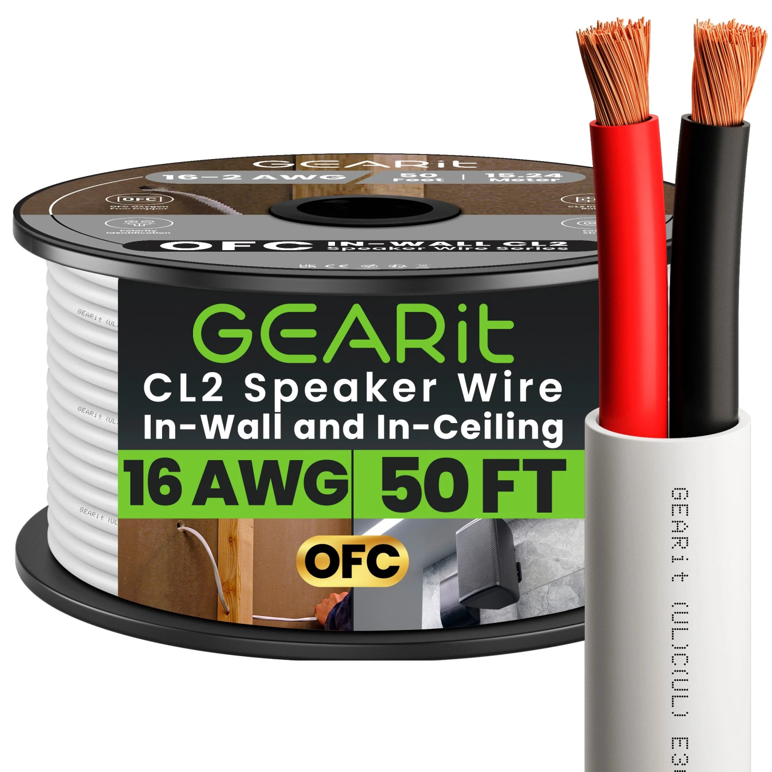 16 AWG In Wall Speaker Wire - CL2 Rated - Oxygen Free Copper (OFC), White(Gearit 16 Gauge Speaker Wire Cl2 Rated In Wall Ofc Oxygen Free Copper Cable Home Theatre Car Speakers More 16 Awg Pro Series Cl2) 1 16 AWG In Wall Speaker Wire - CL2 Rated - Oxygen Free Copper (OFC), White(Gearit 16 Gauge Speaker Wire Cl2 Rated In Wall Ofc Oxygen Free Copper Cable Home Theatre Car Speakers More 16 Awg Pro Series Cl2)
