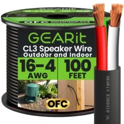 16/4 AWG OFC Outdoor Speaker Wire, Black(Gearit 16 Awg Direct Burial Speaker Wire 4 Conductor Bi Wire Cables Cl3 Rated Oxygen Free Copper Ofc Black)