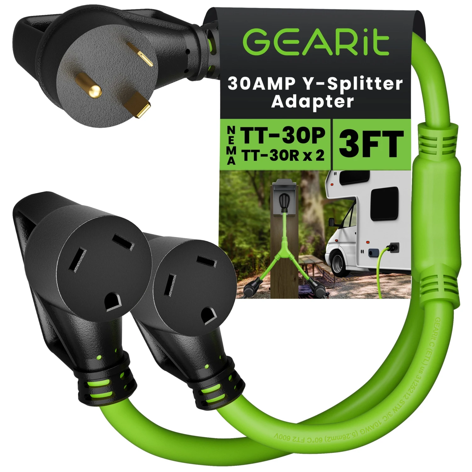 30 Amp NEMA TT-30P To Dual NEMA TT-30R Splitter Power Cord Adapter - 3 Prong STW 10AWG 3C(30 Amp Nema Tt 30p To Dual Nema Tt 30r Splitter Power Cord Adapter 3 Prong Stw 10awg 3c) 1 30 Amp NEMA TT-30P To Dual NEMA TT-30R Splitter Power Cord Adapter - 3 Prong STW 10AWG 3C(30 Amp Nema Tt 30p To Dual Nema Tt 30r Splitter Power Cord Adapter 3 Prong Stw 10awg 3c)