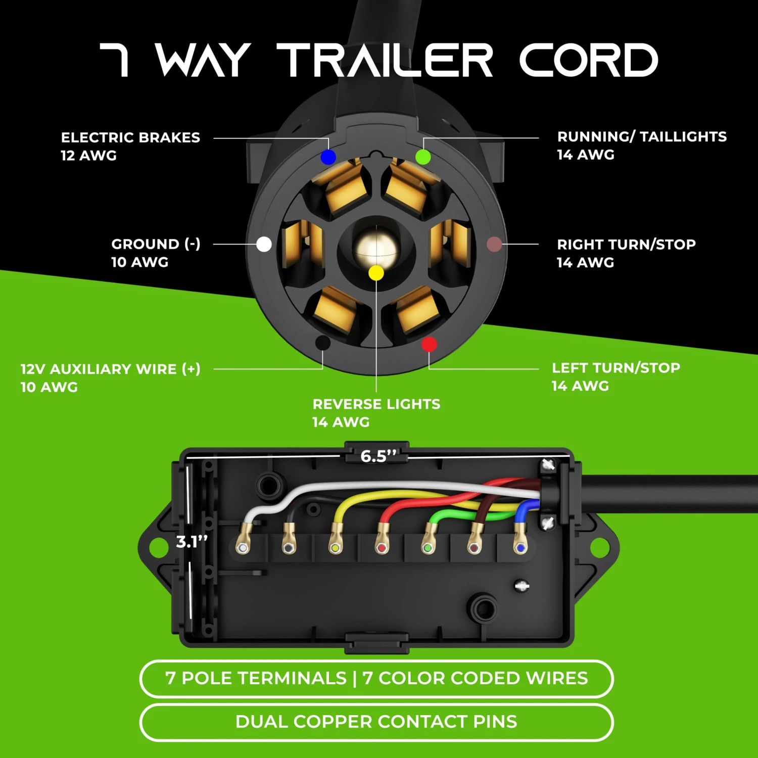 7 Way Conductor Wire RV Trailer Cord With Junction Box(7 Way Plug Inline Trailer Cord With Weatherproof 7 Gang Junction Box) 3 7 Way Conductor Wire RV Trailer Cord With Junction Box(7 Way Plug Inline Trailer Cord With Weatherproof 7 Gang Junction Box) - Image 3